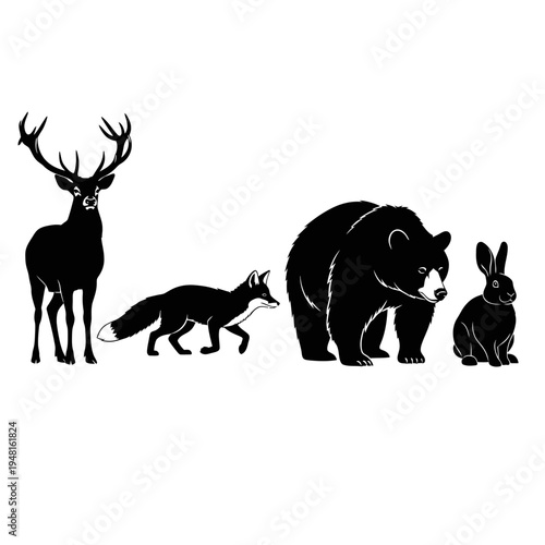 Forest Animals Silhouette Collection: Deer, Fox, Bear, Rabbit