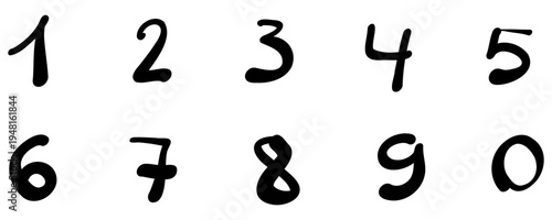 Set of hand-drawn numbers. Black handwritten digits from 0 to 9, arranged in two rows on a white background. Vector illustration.