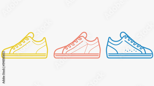 Line art of yellow, coral, and blue sneakers on a white background in a row
