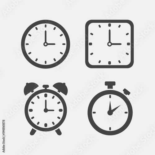 Four Clocks Icons: Round, Square, Alarm, Stopwatch - Time Management Concept