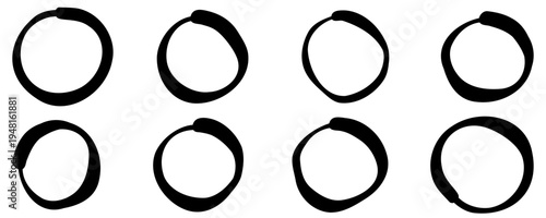 Set of hand-drawn circles. Eight irregular black outlines of varying thickness, created in a doodle style on a white background. Vector illustration.