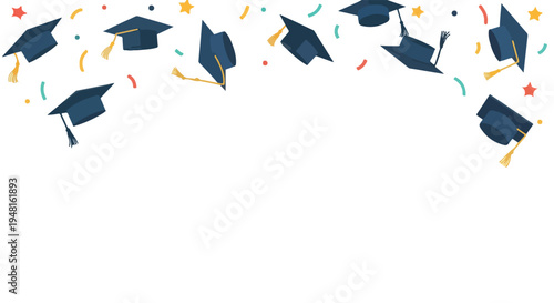 Graduation Caps Flying Celebration Flat Vector Background