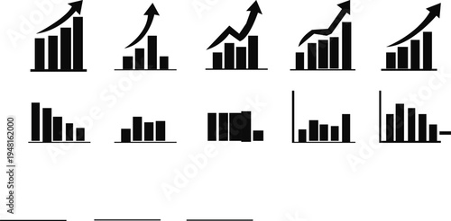 Various simple black and white chart icons depicting growth and decline