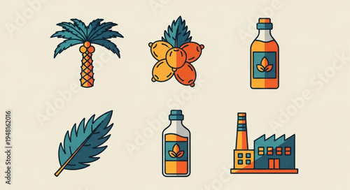 Palm Oil Production Icons - Tree, Fruits, Leaf, Bottles, and Factory.