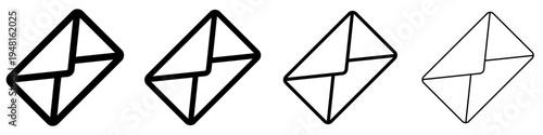 Set of angled envelope icons. Four versions of mail envelope graphic representations with different outline thicknesses, in black on a white background. Vector illustration.