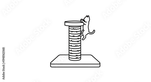 Line art illustration of a cat climbing a sisal scratching post with a flat base.
