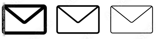 Set of envelope icons. Three different linear style graphic representations of mail envelopes in black on a white background. Vector illustration.