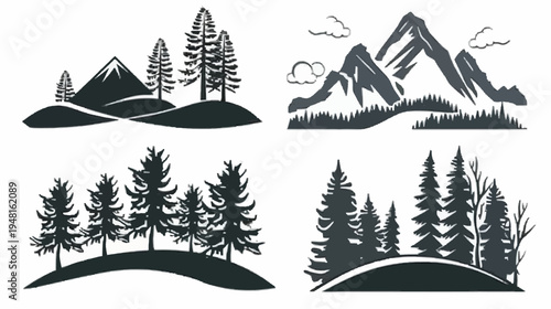 Four grayscale scenes showing mountains, clouds and forests, in minimalist style