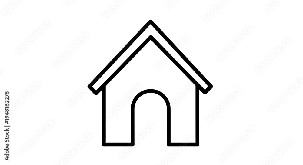 Fototapeta premium Simple black and white outline drawing of a dog house with an arched entrance and a pointed roof, representing pet shelter.