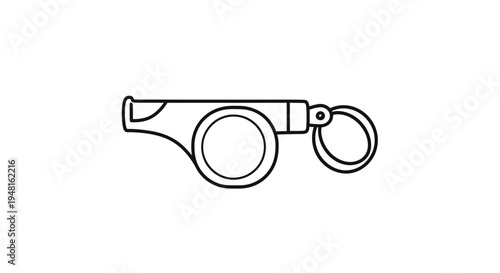 Minimalist black and white line art illustration of a classic sports whistle with an attached keyring, used for signaling.