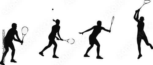 Vector illustration set of black silhouettes featuring a woman and dancing girl alongside athletes in action playing soccer, tennis, and basketball