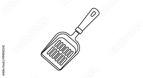 Simple line art illustration of a cat litter scoop with a slotted head and handle for pet waste removal.