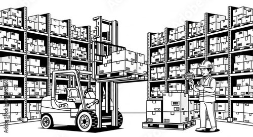 Warehouse Operations - Forklift and Worker Managing Inventory.
