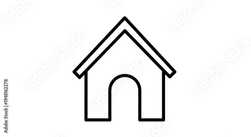 Simple black and white outline drawing of a dog house with an arched entrance and a pointed roof, representing pet shelter.
