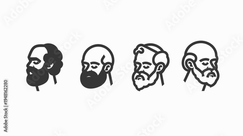 Four stylized bust icons of men with beards in silhouette on a white background