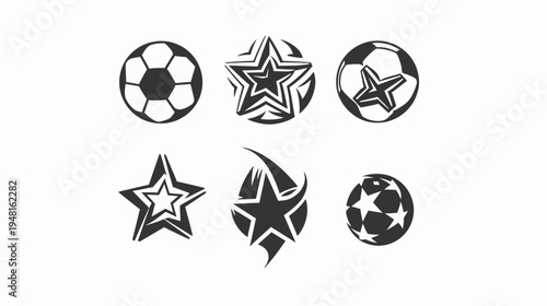 Silhouetted illustrations of soccer balls and star shapes in a 2x3 grid