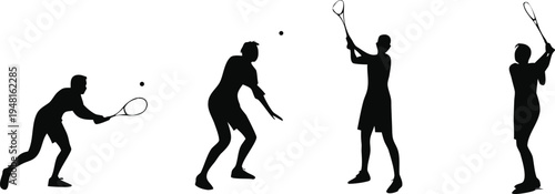 Vector illustration set of black silhouettes featuring a woman and dancing girl alongside athletes in action playing soccer, tennis, and basketball