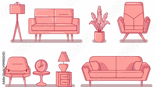 Stylized living room scene with furniture and decor elements in monochromatic pink hues
