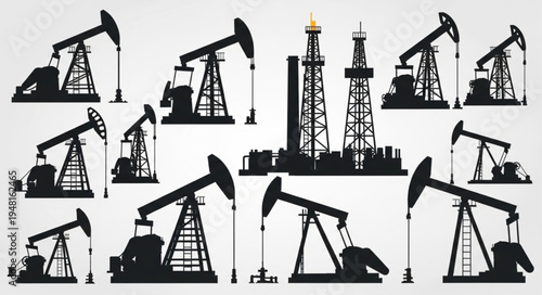 Silhouetted Oil Rigs and Derricks - A Visual Representation of the Petroleum Industry.