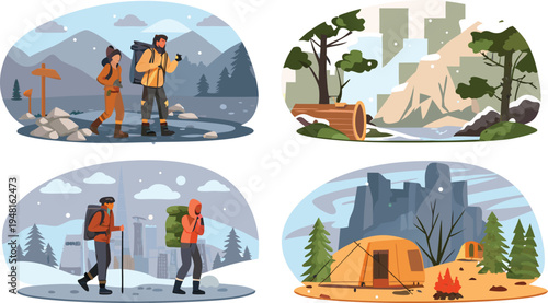 Survival across extreme environments—desert heat, icy mountains, dense jungle, and post-apocalyptic ruins vector illustration.