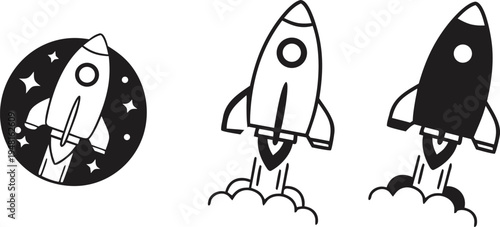 A set of minimalist rocket launch icons in various line-weight styles vector illustration .