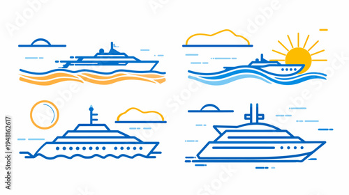 Four illustrated yachts at sea with blue, orange and yellow details on a white background