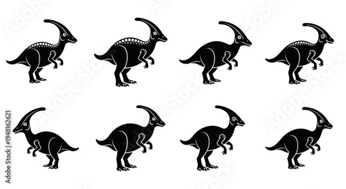 Illustration of Parasaurolophus dinosaurs in silhouette, repeating pattern