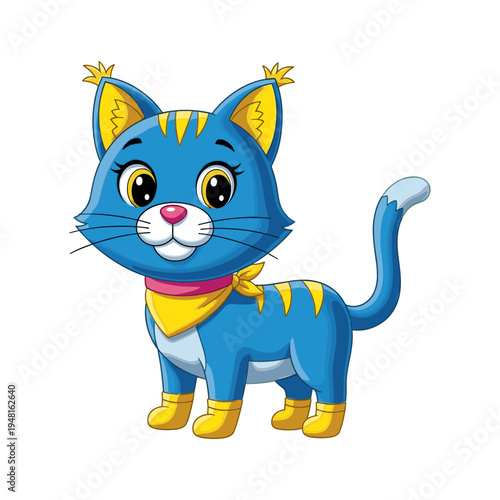 A blue cartoon cat with yellow accents and a pink collar
