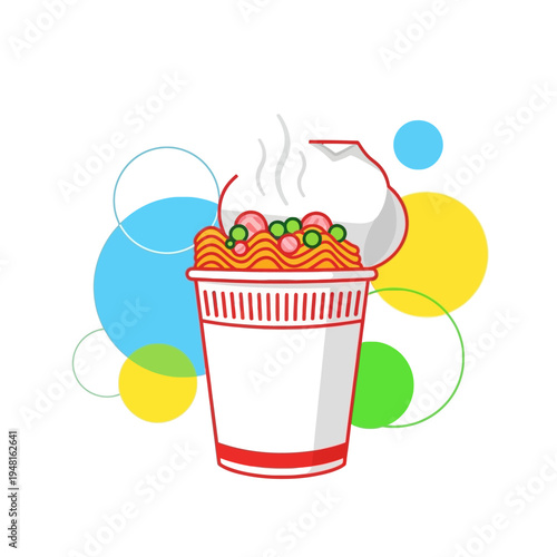 Instant Ramen Cup with Steam and Colorful Circles