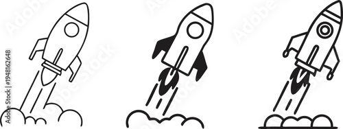 A set of minimalist rocket launch icons in various line-weight styles vector illustration .