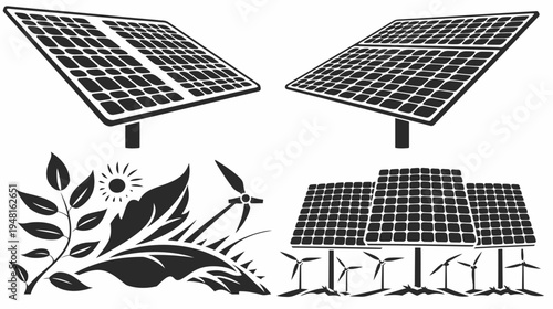 Black vector art of renewable energy sources like solar panels and windmills