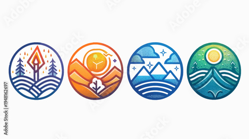 Four watercolor style landscape icons in circles, each a different color, theme, and season