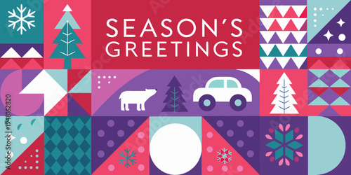 Festive season s greetings card with geometric shapes and winter imagery