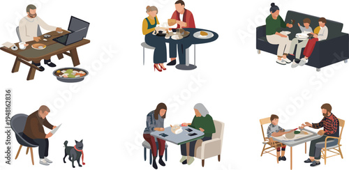 A collection of four distinct isometric illustrations showing various family dining scenarios vector illustration.