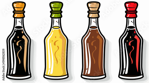 Four cartoon bottles with colored liquids and cork stoppers in a row, with black outlines
