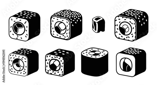 Japanese Sushi Rolls Assortment, Black and White Illustration