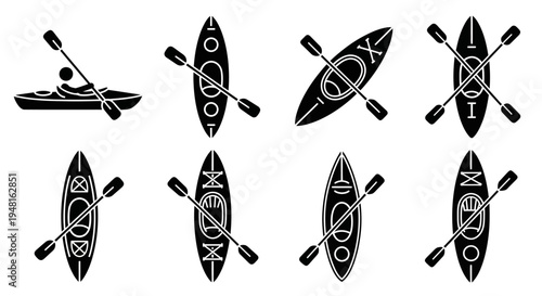 Kayak Icons Set: Paddling, Top View, and Pairs