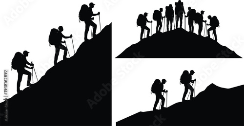Hikers climbing mountain silhouettes set, trekking adventure group reaching summit, outdoor hiking expedition vector illustration isolated design