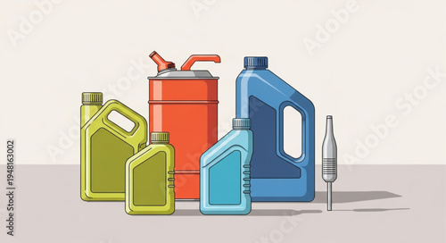 Various Containers of Automotive Fluids and Lubricants Illustration.