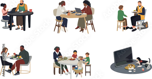 A collection of four distinct isometric illustrations showing various family dining scenarios vector illustration.
