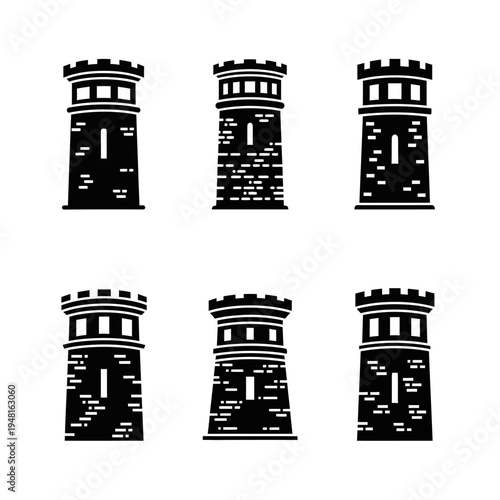 Medieval Castle Tower Icons Set - Silhouette Vector Illustration