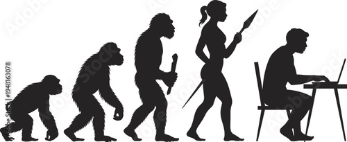 Human evolution concept silhouette, ape to modern human progression, prehistoric hunter to digital 