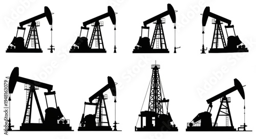 Silhouette of Oil Rigs and Derricks Against a White Background.