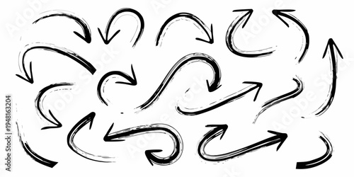Collection of hand drawn black brushstroke arrows pointing in various directions