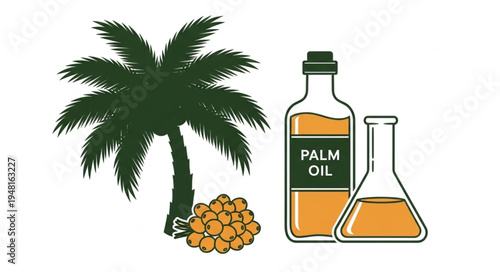 Palm Oil Production - Tree, Fruits, Bottle, and Beaker Illustration.