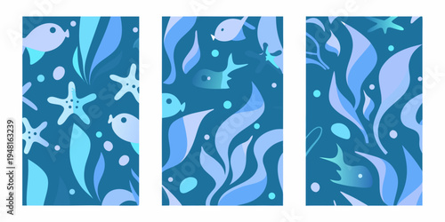 Three vertical panels displaying a vibrant underwater scene with marine life