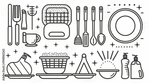 Line art of kitchen items including utensils, soap, plates, cup, and cleaning supplies