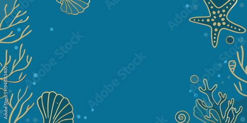 Golden marine life illustration against a deep teal background