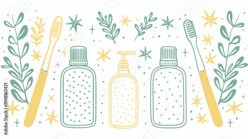 Hygiene products and foliage illustration, pastel colors, hand-drawn appearance