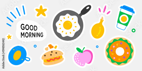 A cheerful breakfast illustration with stickers and a good morning message